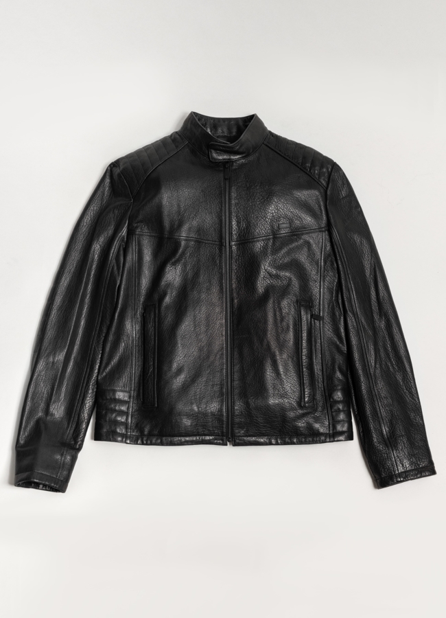 Куртка кожаная черного цвета модель № 21155 меха малина