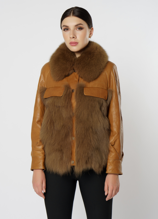 Куртка женская из натуральной кожи с отделкой из песца модель № 22099 меха малина