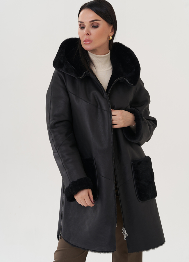 Дубленка женская с капюшоном  модель № 25913 универмаг малина