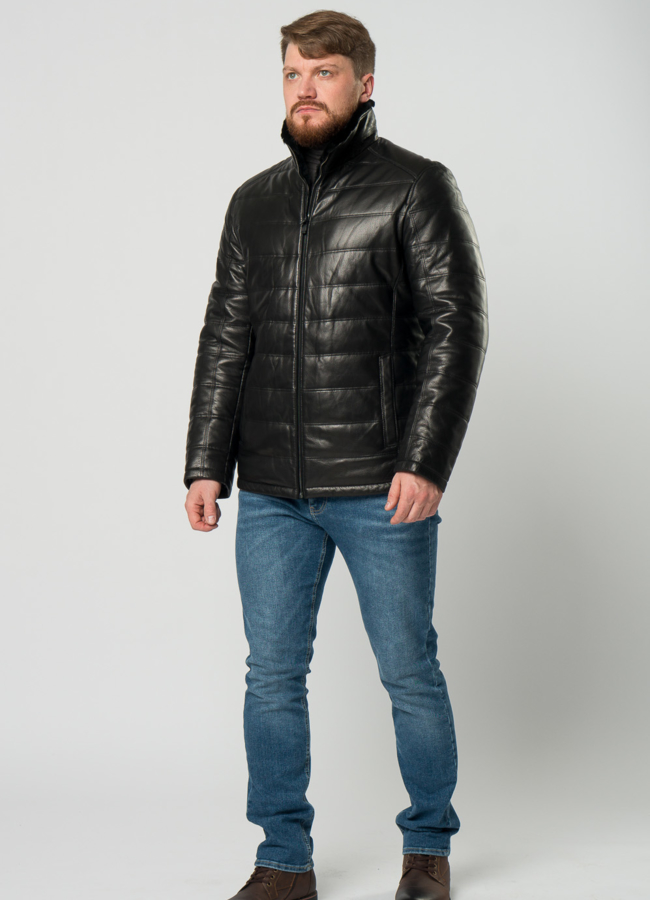 фото Мужской пуховик из натуральной кожи с отделкой из овчины модель № 21916