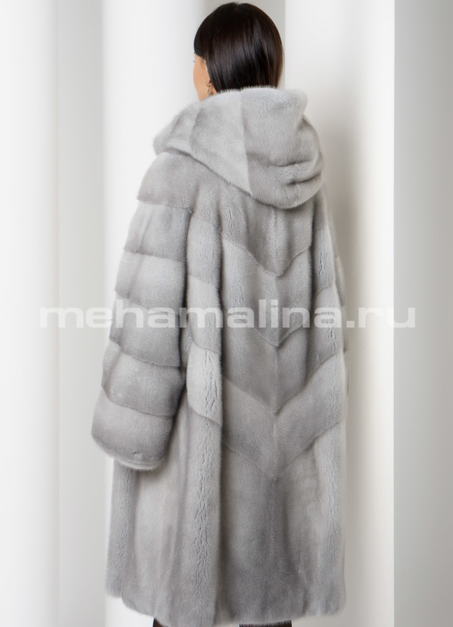 Норковая шуба с капюшоном в цвете сапфир модель № S-733 универмаг малина