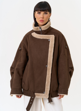 Женский бомбер из эко замши с воротником стойкой