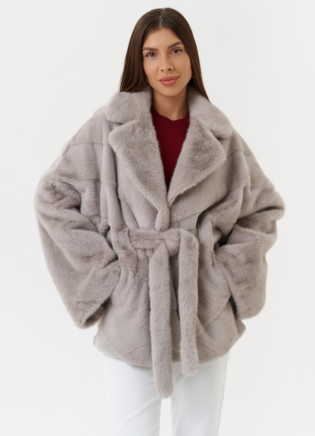 Короткая шуба из эко меха с поясом модель № 27714 в кредит