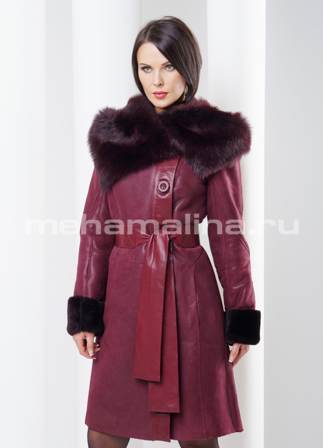 Дубленка на пуговицах, цвет бордо модель № D-129 в рассрочку