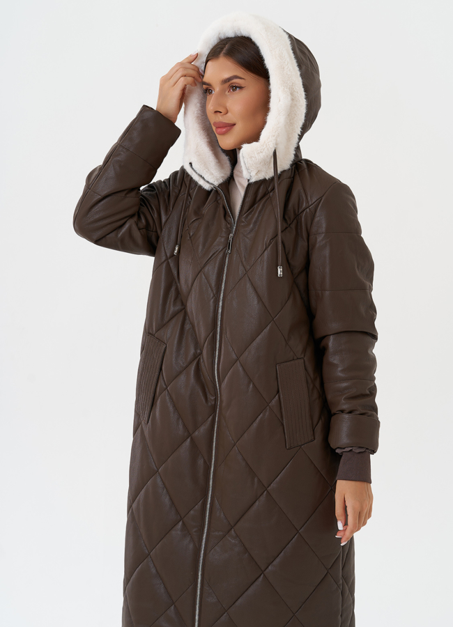 Пуховик из эко кожи с капюшоном модель № 27730 универмаг малина