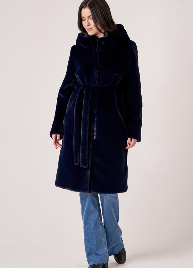 Шуба синяя из эко меха с капюшоном модель № 19009 в кредит