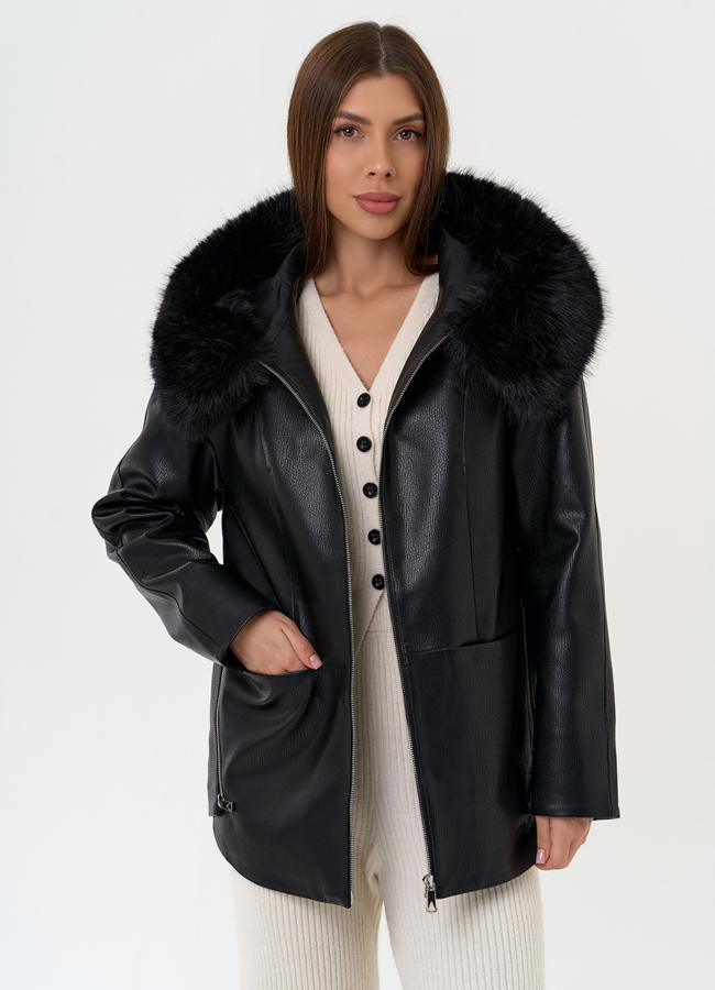 Женская утепленная куртка из эко кожи с капюшоном из эко меха модель № 31495 универмаг малина Женская утепленная куртка из эко кожи с капюшоном из эко меха модель № 31495 универмаг малина