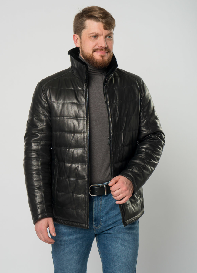 Мужской пуховик из натуральной кожи с отделкой из овчины модель № 21916 универмаг малина