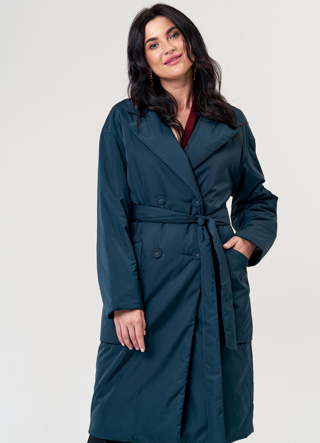 Полупальто двубортное зеленого цвета модель № 21157 меха малина