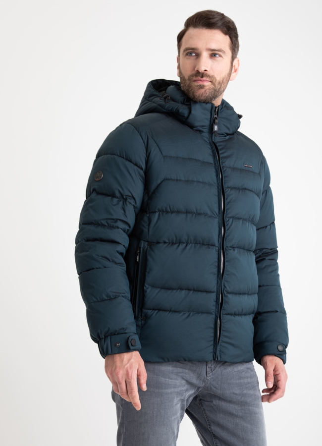 Мужской пуховик с капюшоном  модель № 25903 меха малина