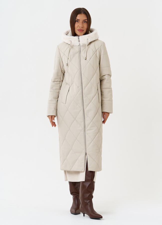 Женский стеганый пуховик из эко кожи с капюшоном модель № 27731 в кредит