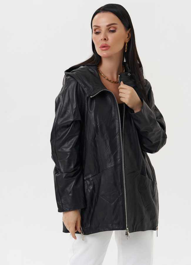 Женская кожаная куртка с капюшоном модель № 28032 универмаг малина