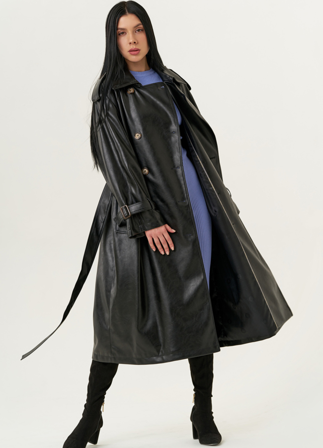 Женский плащ из эко кожи черного цвета модель № 22267 в рассрочку