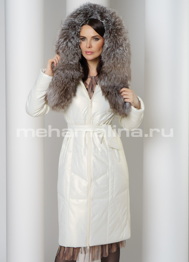 Белый пуховик из эко кожи приталенный с меховой отделкой модель № 6160 универмаг малина