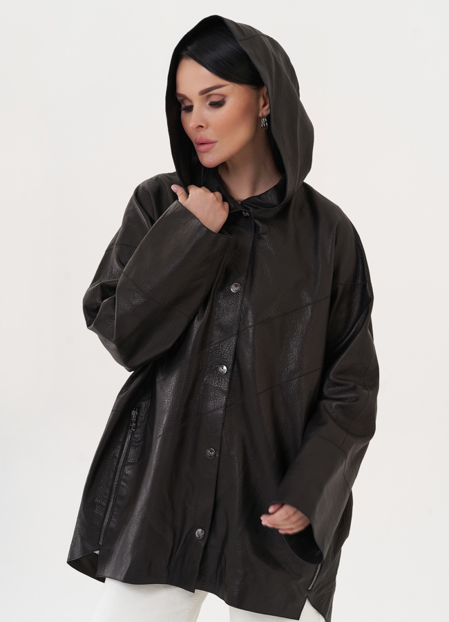 Удлиненная куртка из натуральной кожи с капюшоном модель № 27144 в рассрочку