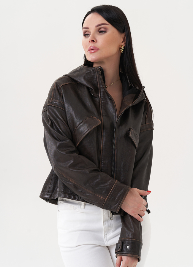 Куртка из натуральной кожи с капюшоном модель № 27156 в кредит