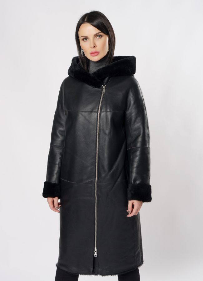 Дубленка черного цвета на молнии модель № 3437 меха малина