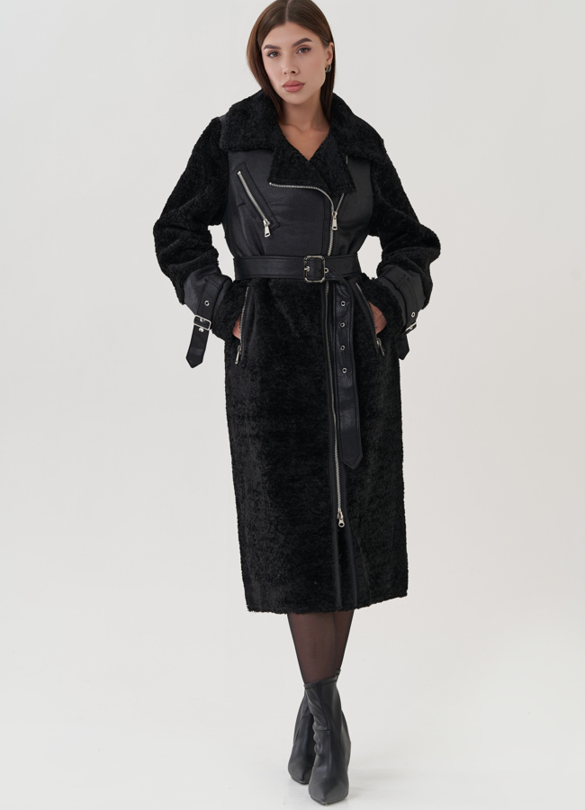 Дубленка удлиненная из эко замши модель № 25409 меха малина