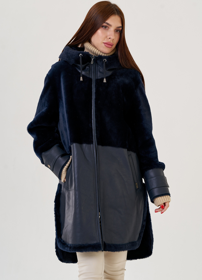 Дубленка из натуральной кожи синего цвета модель № 23290 в рассрочку