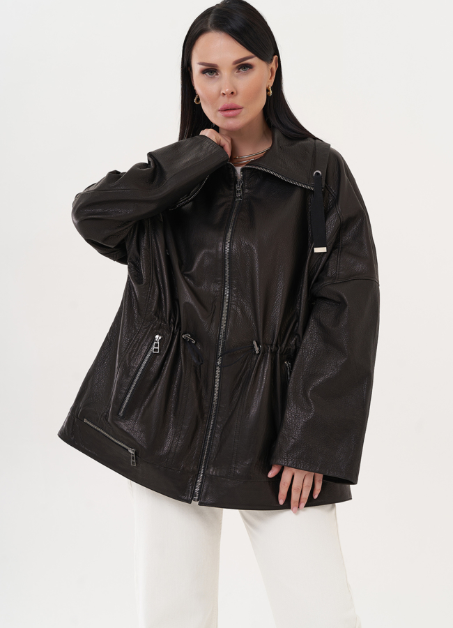Кожаная куртка оверсайз черного цвета модель № 27140 меха малина