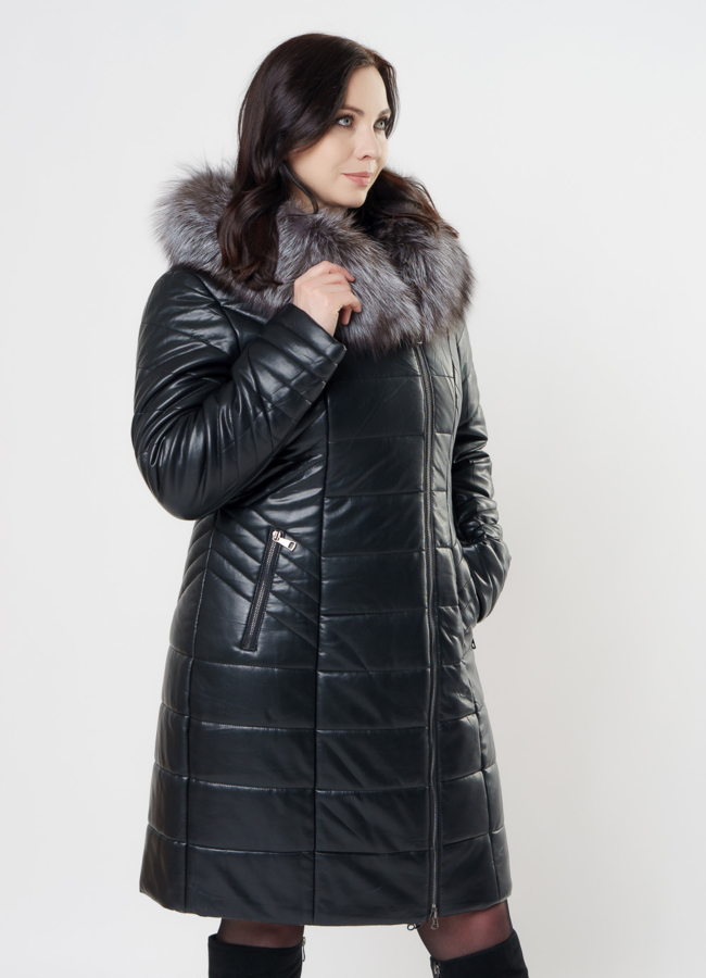 Пуховик из эко кожи черного цвета с капюшоном модель № 983 универмаг малина
