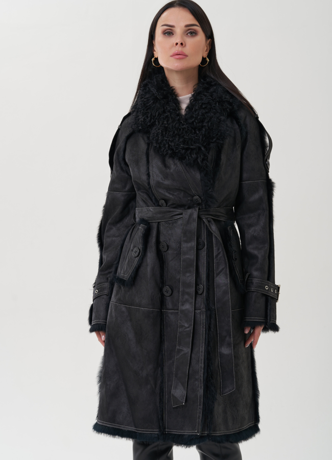 Пальто черного цвета с мехом кролика модель № 25540 универмаг малина