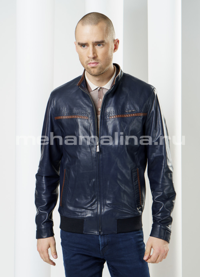 Синяя кожаная куртка с коричневыми вставками модель № KP-95 меха малина