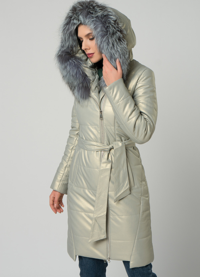 Пуховик из эко кожи с чернобуркой модель № 19073 универмаг малина