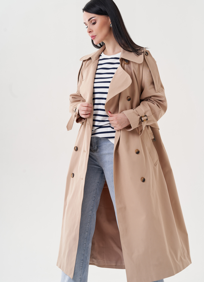 Плащ женский бежевого цвета с поясом   модель № 24475 универмаг малина