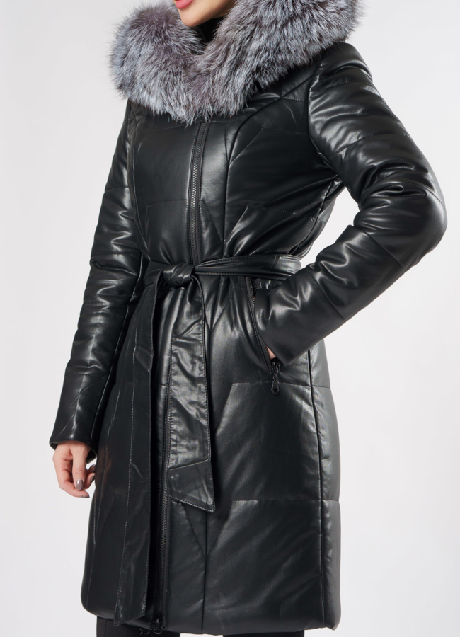 Пуховик из эко кожи с капюшоном модель № 19223 универмаг малина
