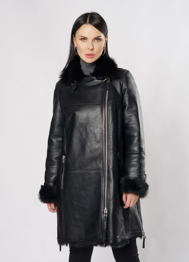 Дубленка пилот черного цвета модель № 3591 меха малина