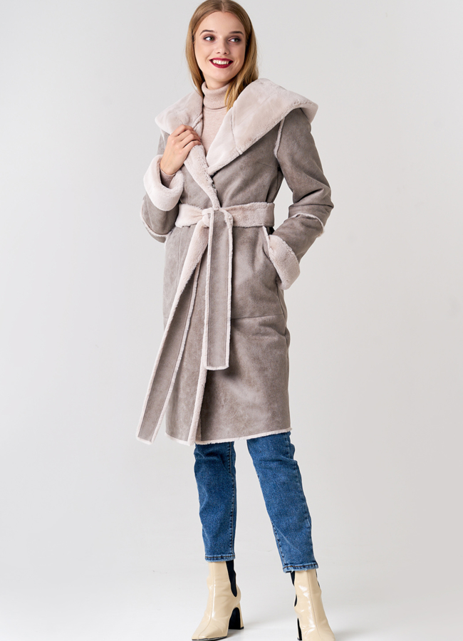 Удлиненная женская дубленка  модель № 21559 универмаг малина