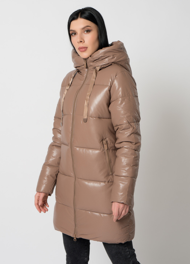 Пуховик из эко кожи с капюшоном модель № 2123 универмаг малина