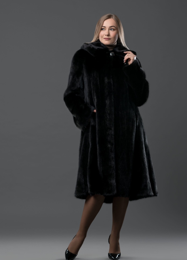 Классическая шуба из норки с капюшоном модель № S-772 меха малина