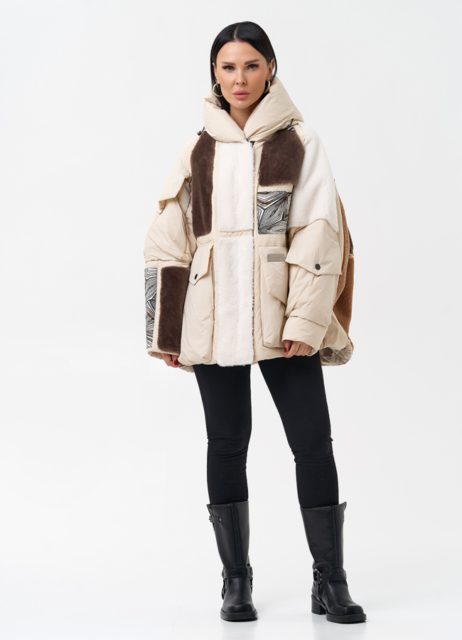 Комбинированный женский пуховик с капюшоном модель № 28376 в кредит