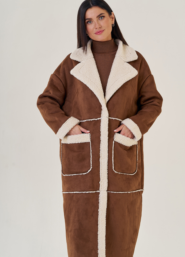 Длинная женская дубленка из искусственного меха модель № 23198 универмаг малина