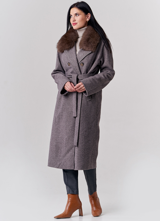 Утепленное пальто коричневого цвета с поясом модель № 21873 в рассрочку