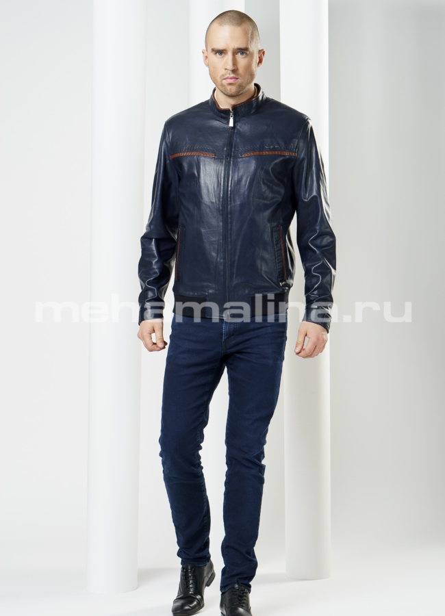 Синяя кожаная куртка с коричневыми вставками модель № KP-95 в рассрочку