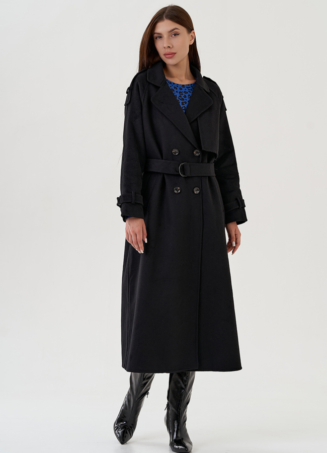 Удлиненное классическое черное пальто модель № 81822 меха малина