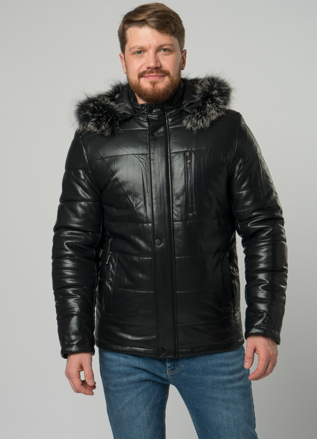 Мужской пуховик из эко кожи черного цвета модель № 21876 универмаг малина