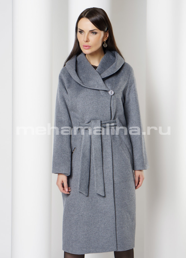 Пальто с капюшоном и поясом, серого цвета модель № 038 меха малина