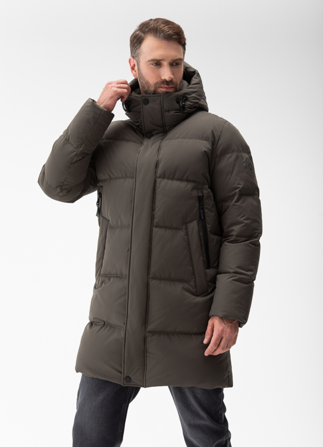 Мужской пуховик с капюшоном  модель № 28405 меха малина