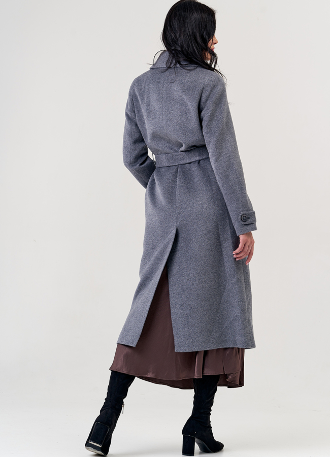 Женское пальто серого цвета с поясом модель № 21373 в рассрочку
