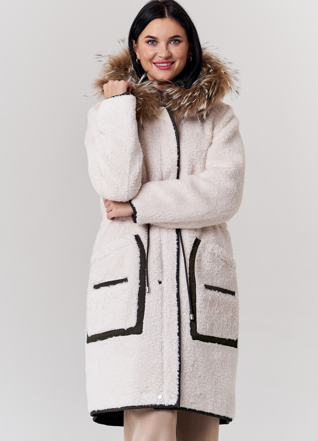 Двусторонняя парка с капюшоном зеленого цвета с енотом модель № 21133 меха малина