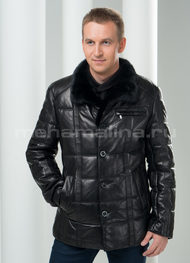 Кожаный пуховик с норкой модель № ПМ-48 меха малина