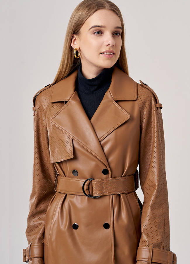 Коричневый тренч из искусственной кожи модель № 606 универмаг малина