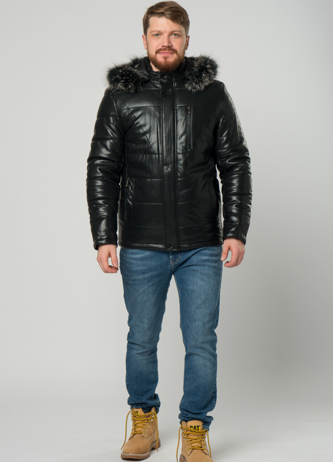 фото Мужской пуховик из эко кожи черного цвета модель № 21876