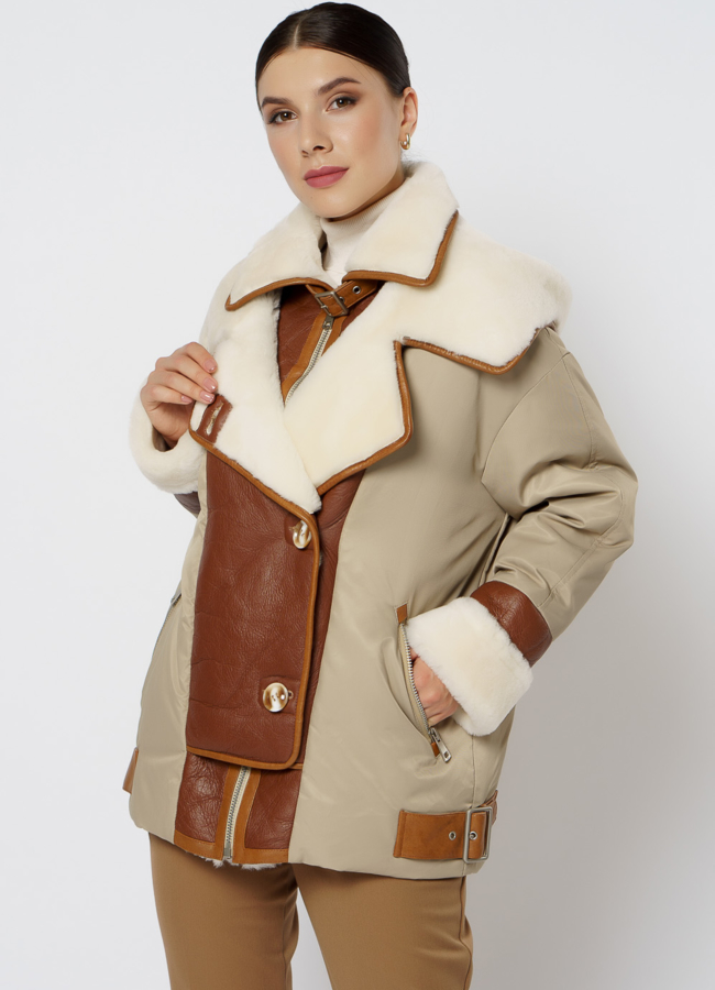 Пуховик комбинированный с кожей модель № 20-111 универмаг малина