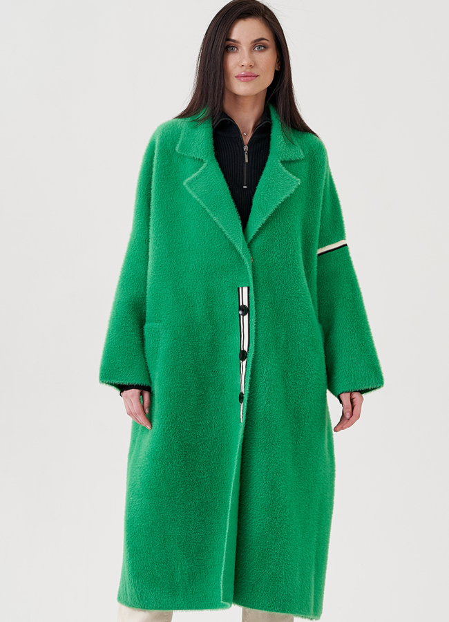 Длинный кардиган зеленого цвета модель № 78011 меха малина