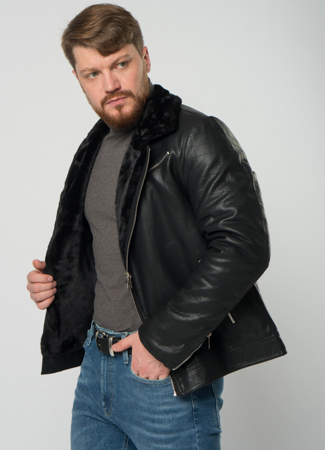 Мужская эко дубленка-косуха черного цвета модель № 21966 универмаг малина